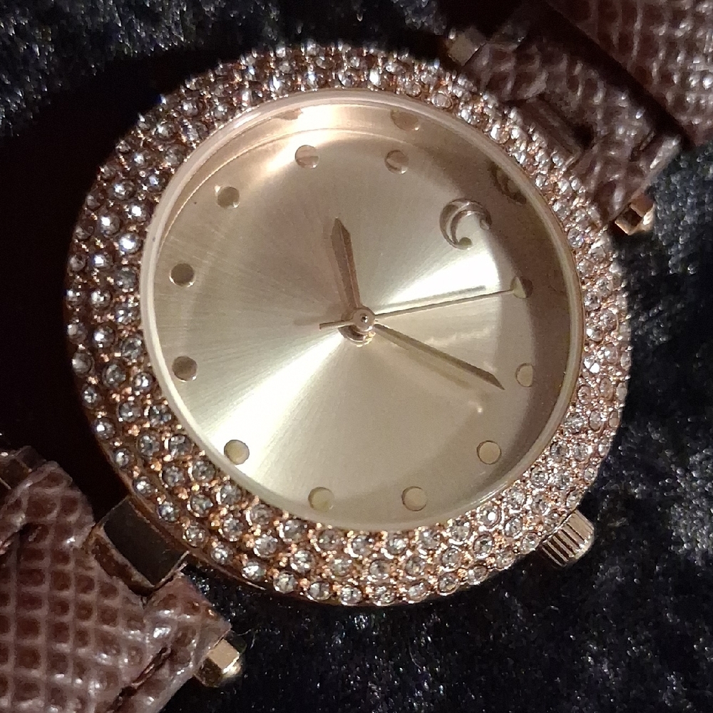 Charming Charlie Gold and Brown Crystal Watch Brown Leather Band